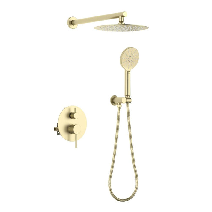 The Halo Pressure Balanced Wall Mount Shower System in matte gold features a round overhead rain shower, handheld showerhead with flexible hose, and wall-mounted control panel with two round knobs.