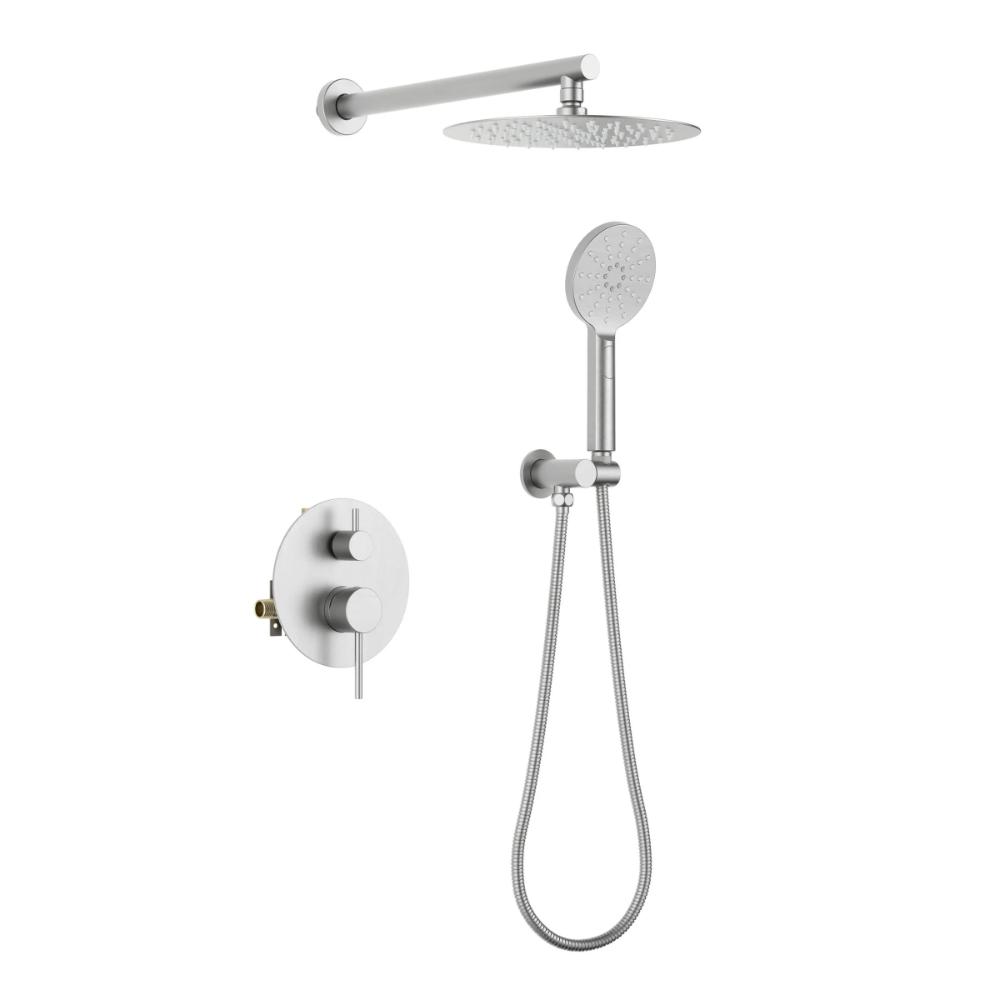 The Halo Pressure Balanced Wall Mount Shower System offers a round rain showerhead, a handheld with hose, and a wall-mounted two-knob control panel—all in a sleek metallic design.