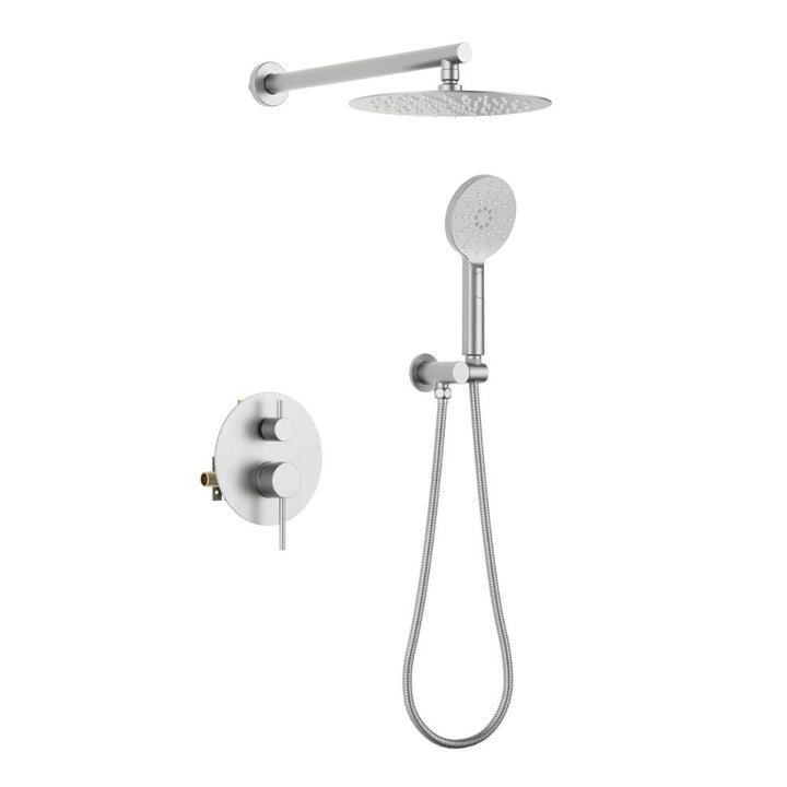 The Halo Pressure Balanced Wall Mount Shower System offers a round rain showerhead, a handheld with hose, and a wall-mounted two-knob control panel—all in a sleek metallic design.