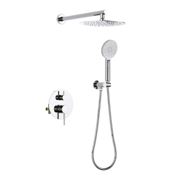 The Halo Pressure Balanced Wall Mount Shower System features a modern chrome finish, a round wall-mounted showerhead, a handheld shower with hose, and a round control panel with two black handles.