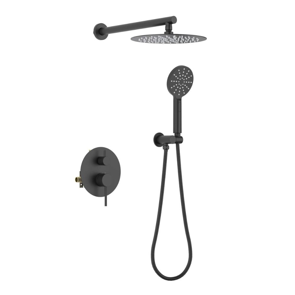 The Halo Pressure Balanced Wall Mount Shower System in matte black includes a round overhead rain shower, a flexible handheld showerhead, and a modern wall-mounted control panel with two knobs.
