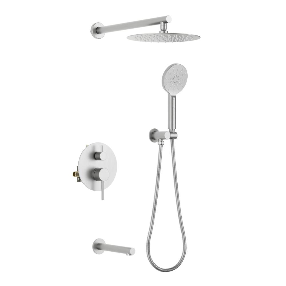The Halo Pressure Balanced Wall Mount Shower System features a round overhead rain shower, handheld showerhead with hose, dual-knob controls, and horizontal bar—all in a sleek silver finish.