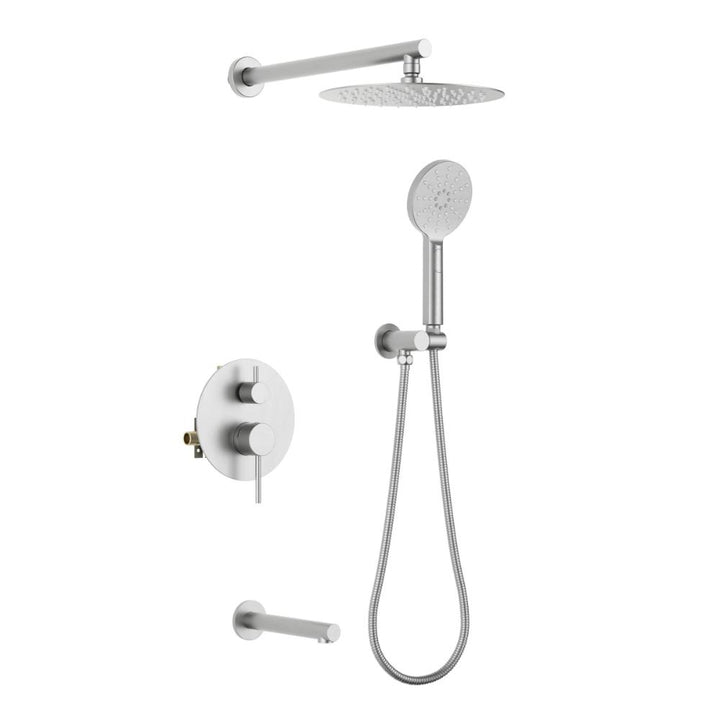 The Halo Pressure Balanced Wall Mount Shower System features a round overhead rain shower, handheld showerhead with hose, dual-knob controls, and horizontal bar—all in a sleek silver finish.