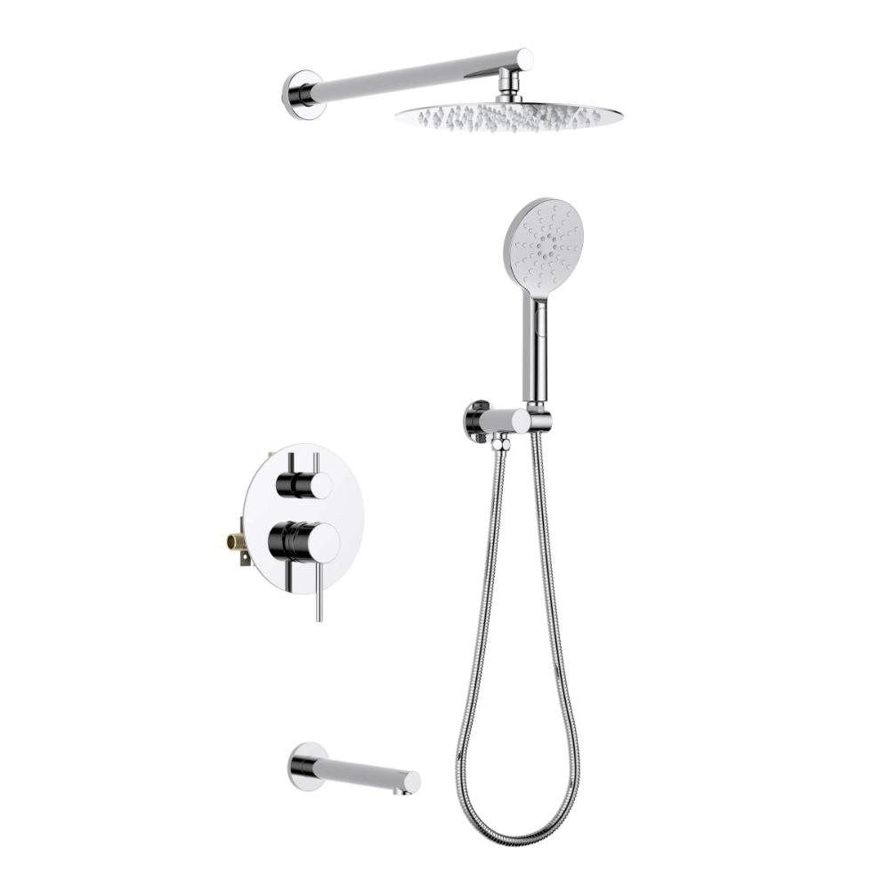 The Halo Pressure Balanced Wall Mount Shower System offers a round overhead rain shower, a handheld showerhead with flexible hose, wall-mounted controls, and a horizontal support bar for contemporary convenience.