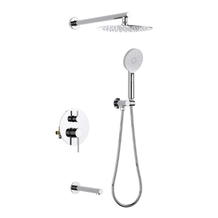 The Halo Pressure Balanced Wall Mount Shower System offers a round overhead rain shower, a handheld showerhead with flexible hose, wall-mounted controls, and a horizontal support bar for contemporary convenience.