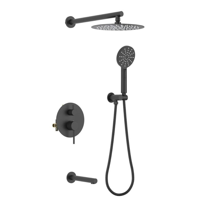 The Halo Pressure Balanced Wall Mount Shower System in matte black features a round rain shower head, handheld shower with hose, wall controls, and a stubby tub spout, all set against a crisp white background.