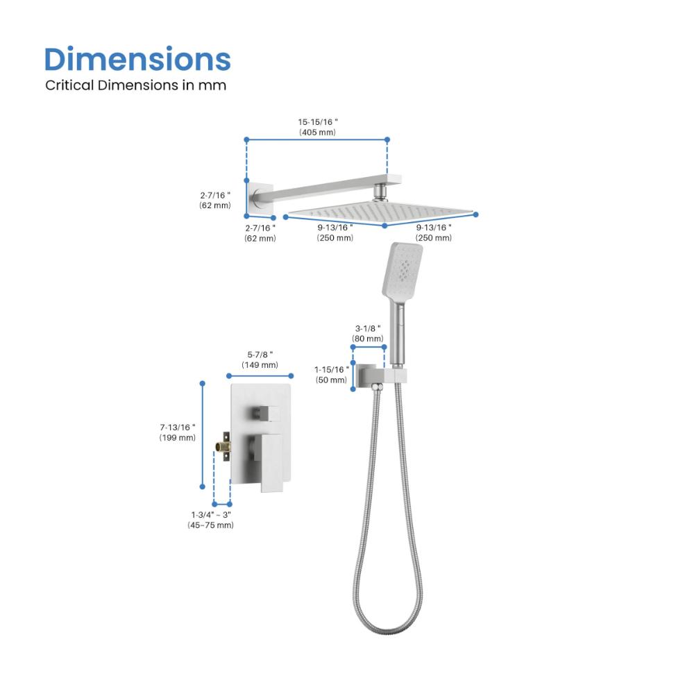 Labeled diagram of the Quadra Pressure Balanced Wall Mount Shower System, showing dimensions in millimeters for the wall-mounted rain showerhead, handheld shower, hose, and control valve.
