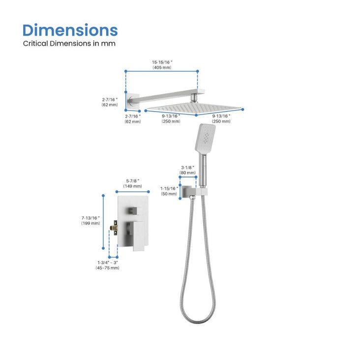 Labeled diagram of the Quadra Pressure Balanced Wall Mount Shower System, showing dimensions in millimeters for the wall-mounted rain showerhead, handheld shower, hose, and control valve.