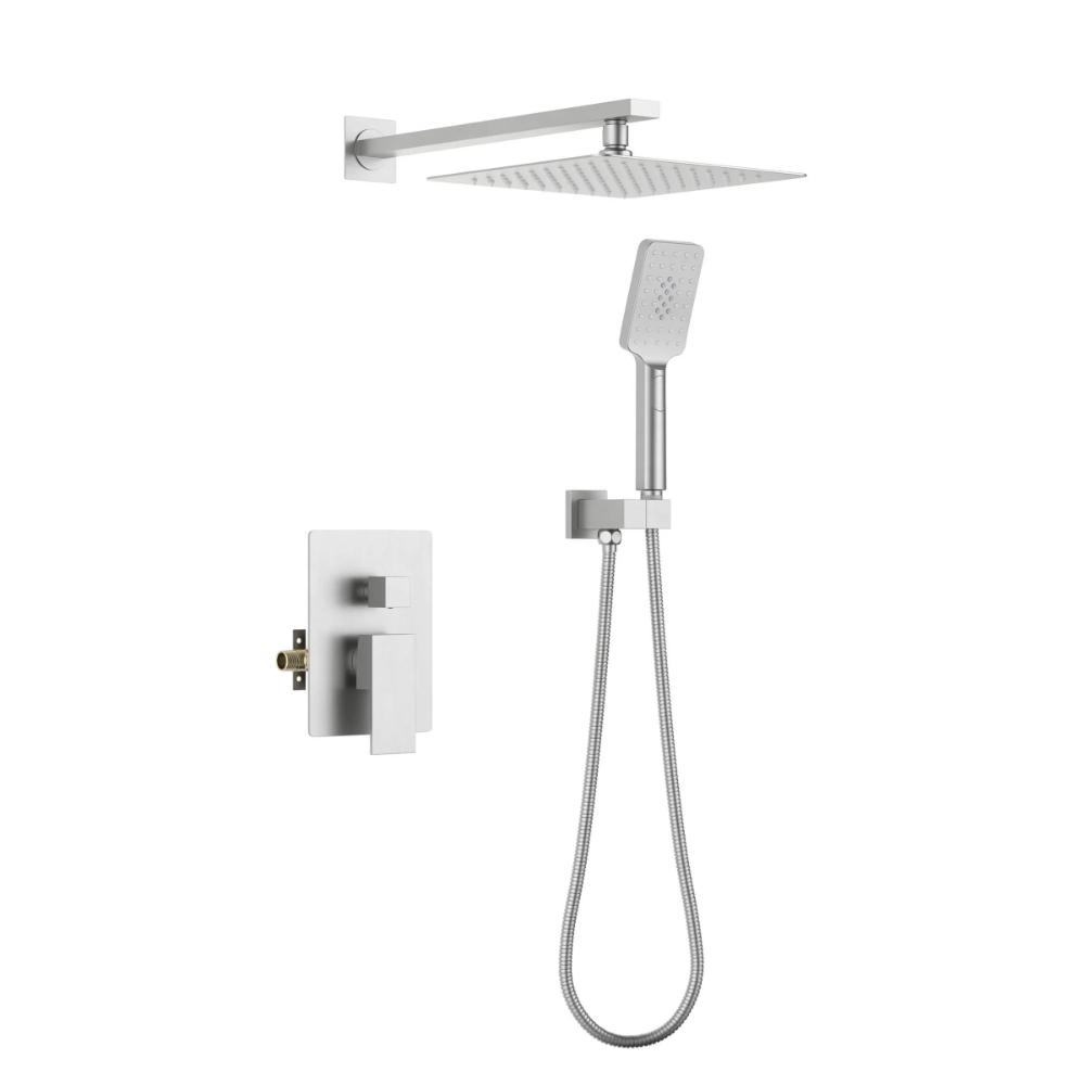 The Quadra Pressure Balanced Wall Mount Shower System features a square overhead rain shower, handheld showerhead on a flexible hose, and a sleek brushed metal rectangular control panel with lever handle.