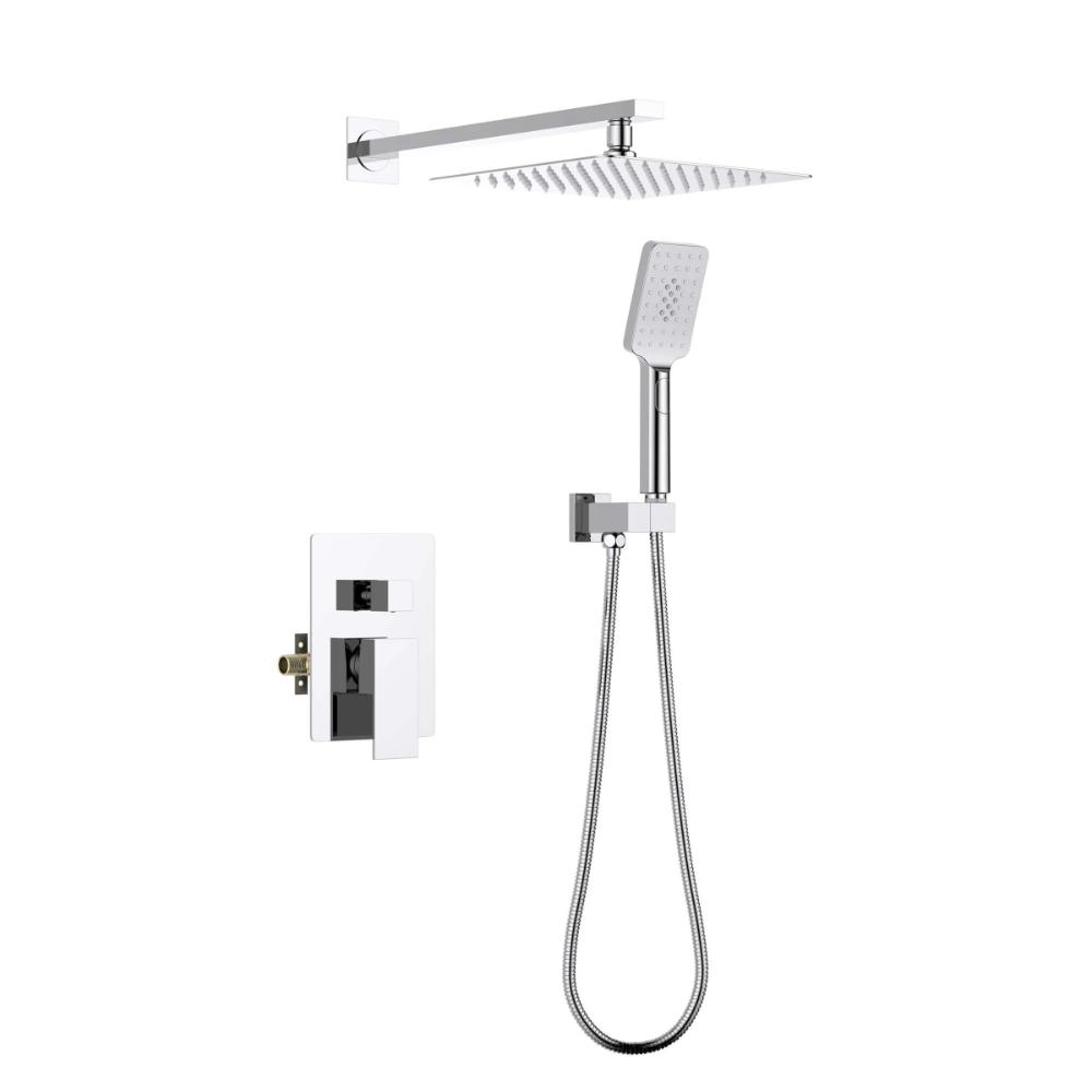 The Quadra Pressure Balanced Wall Mount Shower System features a modern chrome finish, square rainfall showerhead, handheld showerhead with flexible hose, and a sleek rectangular wall-mounted control panel.