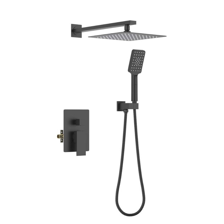 The Quadra Pressure Balanced Wall Mount Shower System includes a square overhead rainfall showerhead, rectangular handheld shower with hose, and matching wall-mounted control panel in matte black.
