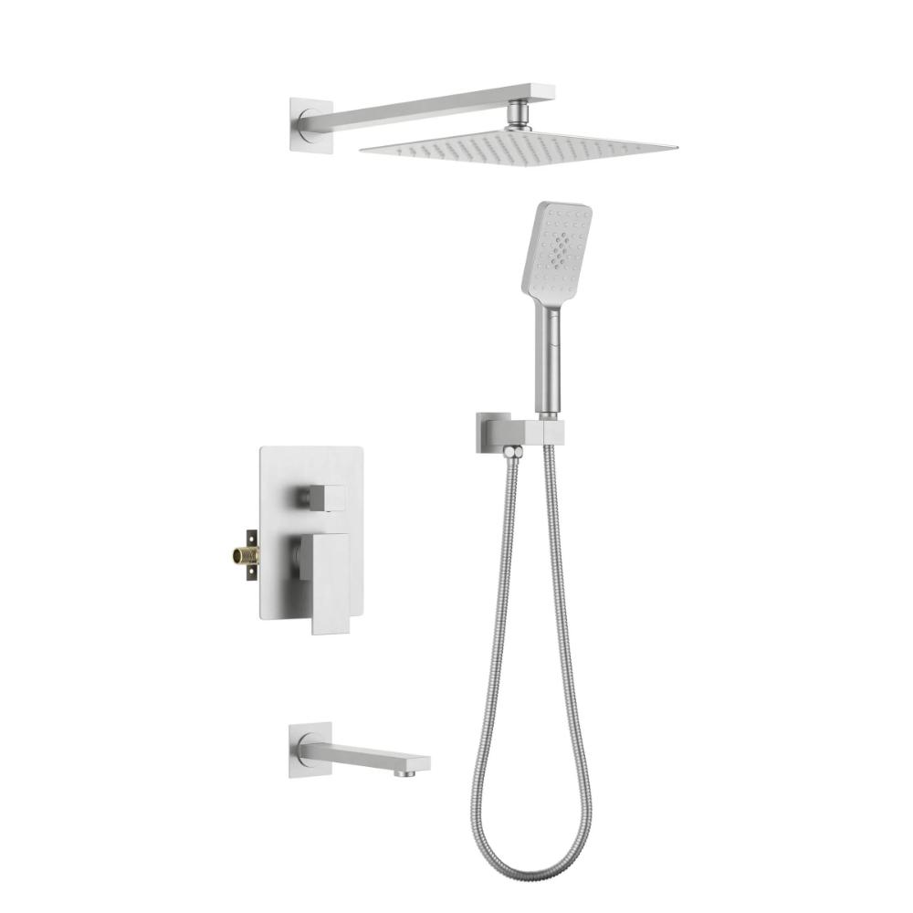 The Quadra Pressure Balanced Wall Mount Shower System features a square overhead rain shower, rectangular handheld showerhead with flexible hose, wall-mounted control panel, and compact spout in a clean, minimalist design.