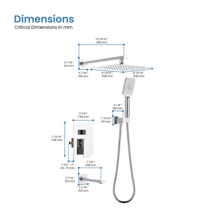 Diagram displaying millimeter dimensions of the Quadra Pressure Balanced Wall Mount Shower System, with labeled measurements for the square overhead rain shower, handheld shower, control panel, and faucet spout.