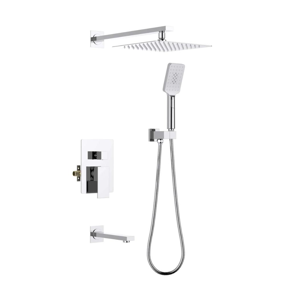 The Quadra Pressure Balanced Wall Mount Shower System features a square rainfall showerhead, handheld shower with hose, wall-mounted controls, and spout in a sleek, minimalist design with clean lines and a polished finish.
