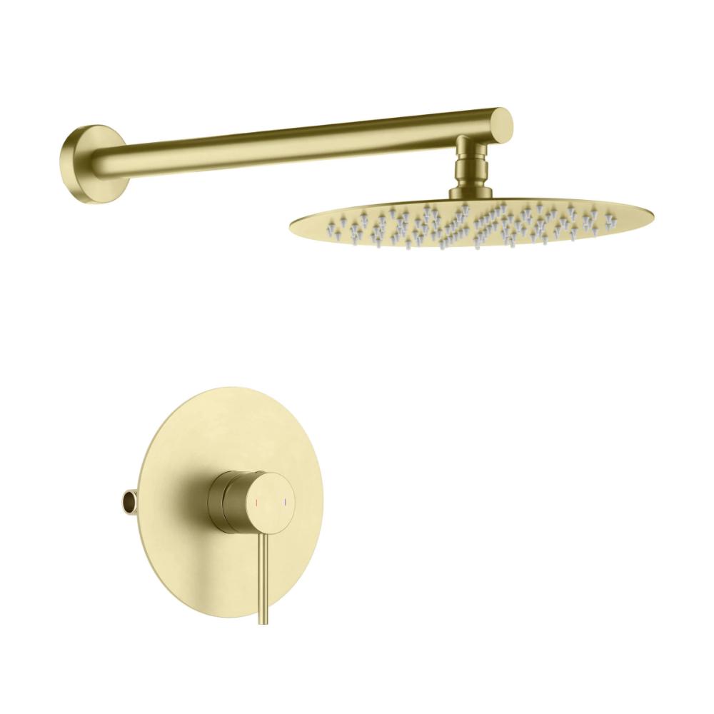 The Halo Pressure Balanced Wall Mount Shower System features a round brass showerhead with an extended wall arm, plus a matching round control handle and backplate, all in a matte gold finish.