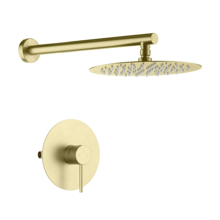 The Halo Pressure Balanced Wall Mount Shower System features a round brass showerhead with an extended wall arm, plus a matching round control handle and backplate, all in a matte gold finish.
