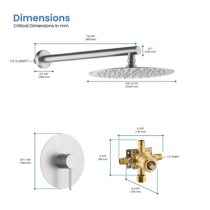 Diagram of the Halo Pressure Balanced Wall Mount Shower System displays all key measurements in millimeters, including the round rain shower head with arm, control valve handle, and valve body.