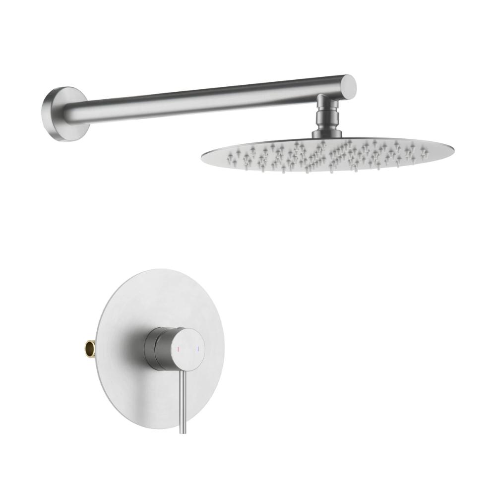 The Halo Pressure Balanced Wall Mount Shower System includes a silver round flat shower head and a matching circular control valve with a single lever handle.