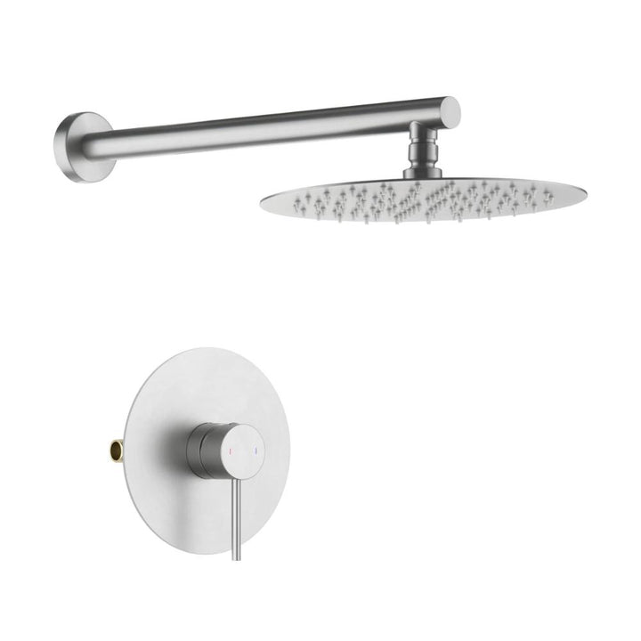 The Halo Pressure Balanced Wall Mount Shower System includes a silver round flat shower head and a matching circular control valve with a single lever handle.