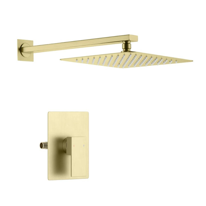 The Quadra Pressure Balanced Wall Mount Shower System boasts a modern gold finish, a square rainfall showerhead, and a matching rectangular control panel with a single lever handle.