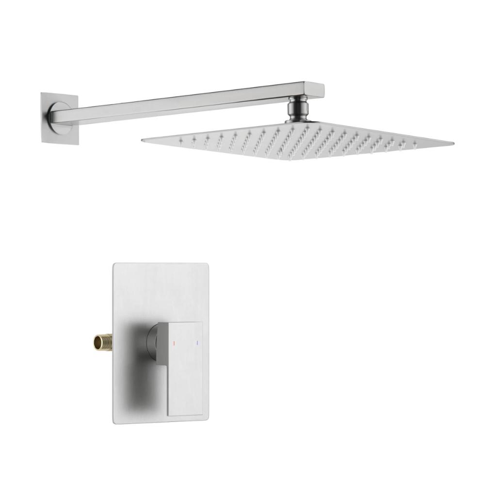 The Quadra Pressure Balanced Wall Mount Shower System features a square stainless steel design with a matching wall-mounted control valve and lever handle, showcasing modern minimalism against a white background.