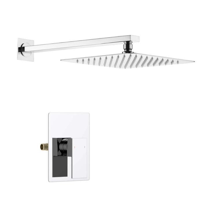 The Quadra Pressure Balanced Wall Mount Shower System features a modern, square chrome showerhead and matching control valve, highlighted against a white background.
