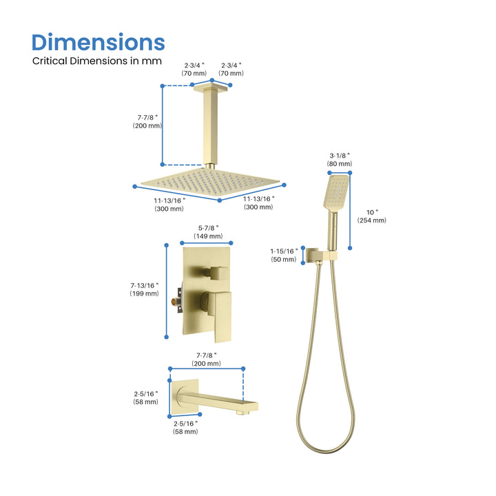 Quadra Pressure-Balanced 3-Function Ceiling Mount Shower System with Rough-In Valve