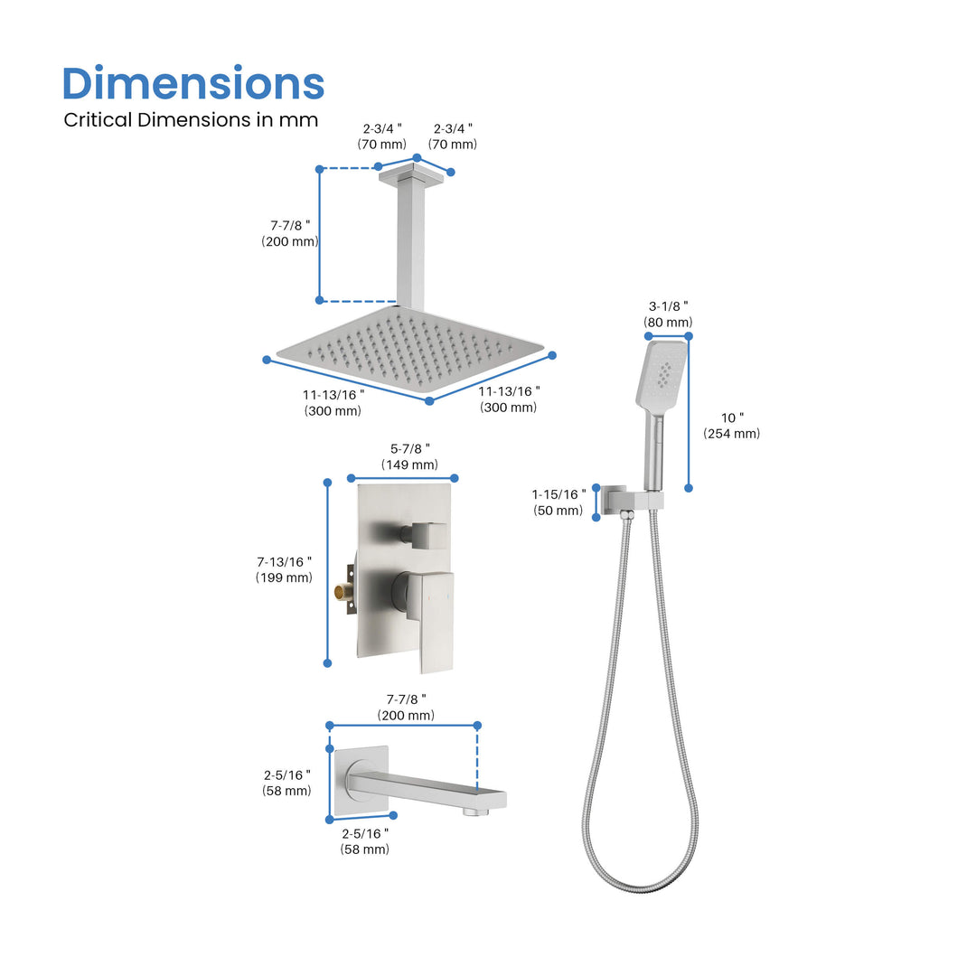Quadra Pressure-Balanced 3-Function Ceiling Mount Shower System with Rough-In Valve