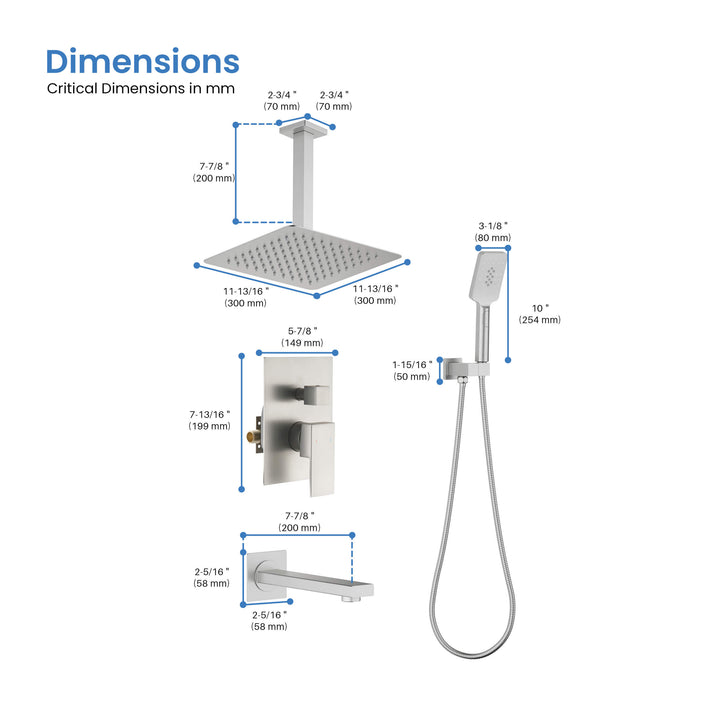 Quadra Pressure-Balanced 3-Function Ceiling Mount Shower System with Rough-In Valve