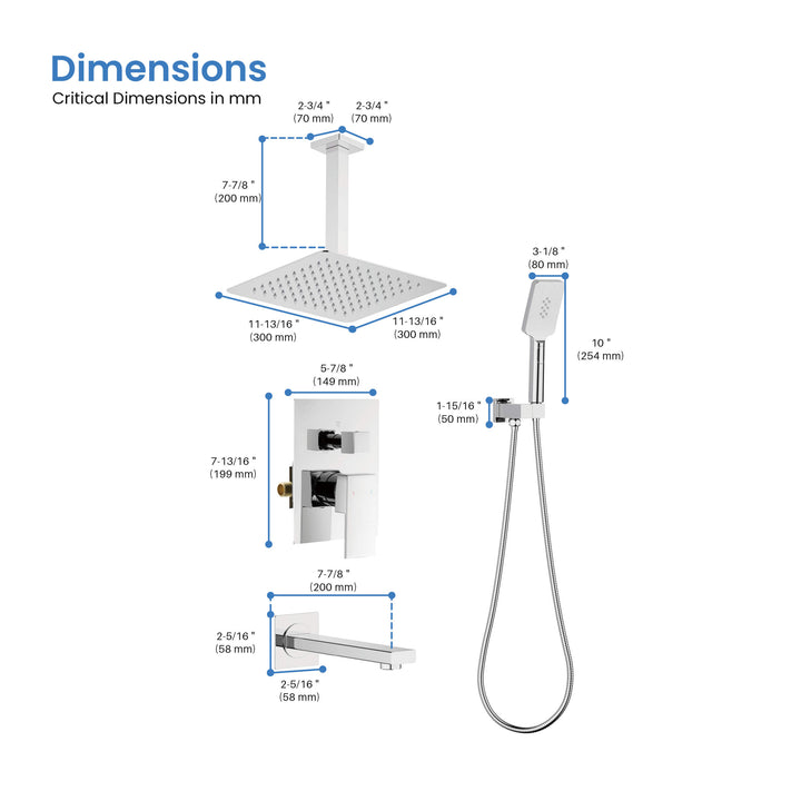 Quadra Pressure-Balanced 3-Function Ceiling Mount Shower System with Rough-In Valve