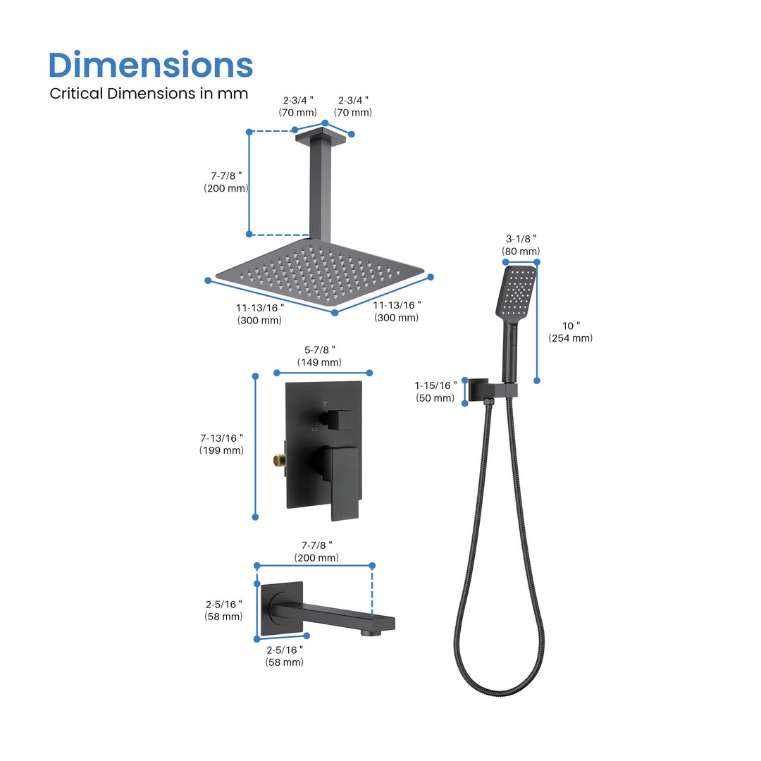 Quadra Pressure-Balanced 3-Function Ceiling Mount Shower System with Rough-In Valve