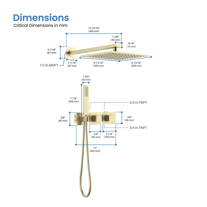 Quadra 2-Function Thermostatic Wall Mount Shower System with Rough-In Valve