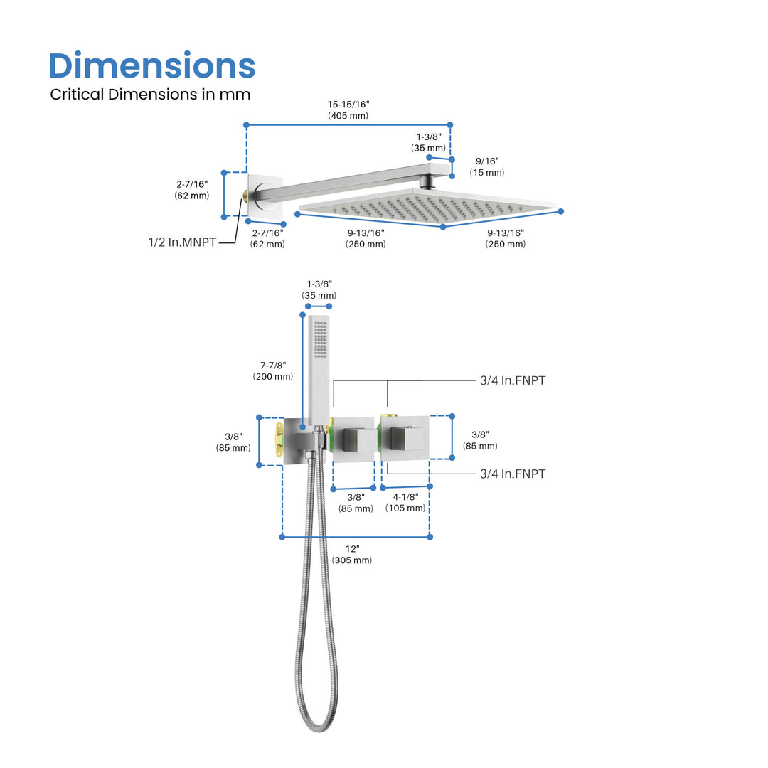 Quadra 2-Function Thermostatic Wall Mount Shower System with Rough-In Valve