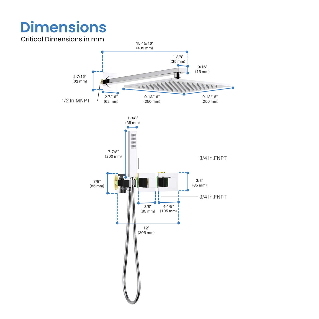 Quadra 2-Function Thermostatic Wall Mount Shower System with Rough-In Valve