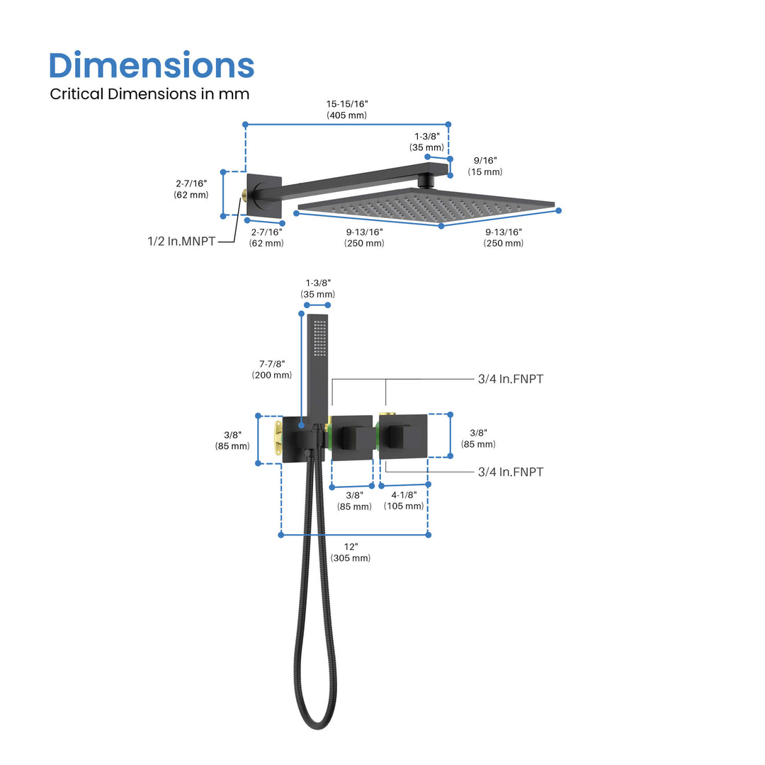 Quadra 2-Function Thermostatic Wall Mount Shower System with Rough-In Valve