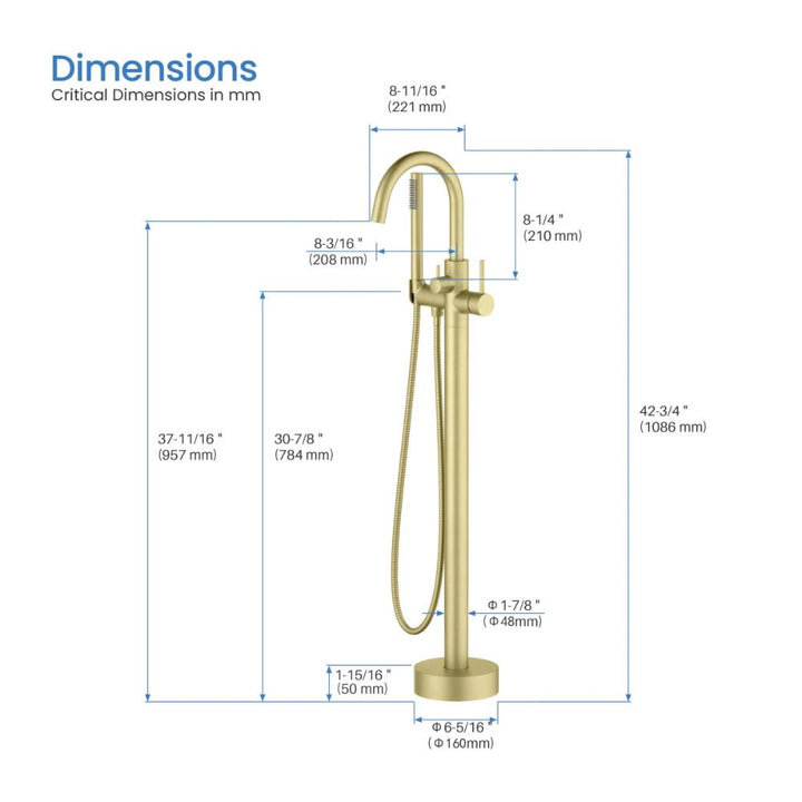 Diagram of the Halo Floor Mount Tub Filler With Hand Shower, displaying measurements in millimeters for heights, widths, and diameters of key parts such as the spout, base, and hand shower.