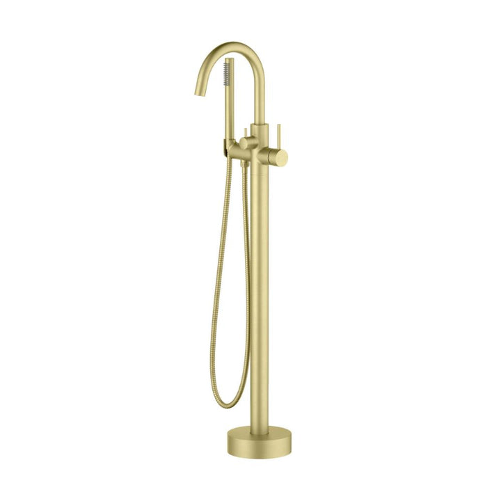 The Halo Floor Mount Tub Filler With Hand Shower boasts a gold curved spout, single lever handle, and a flexible hose with an attached handheld shower head for modern style and functionality.