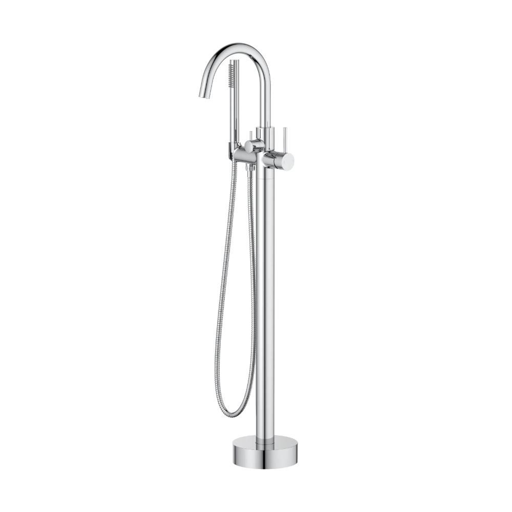 The Halo Floor Mount Tub Filler With Hand Shower features a sleek curved spout, handheld attachment, and cylindrical base, all set against a clean white background.