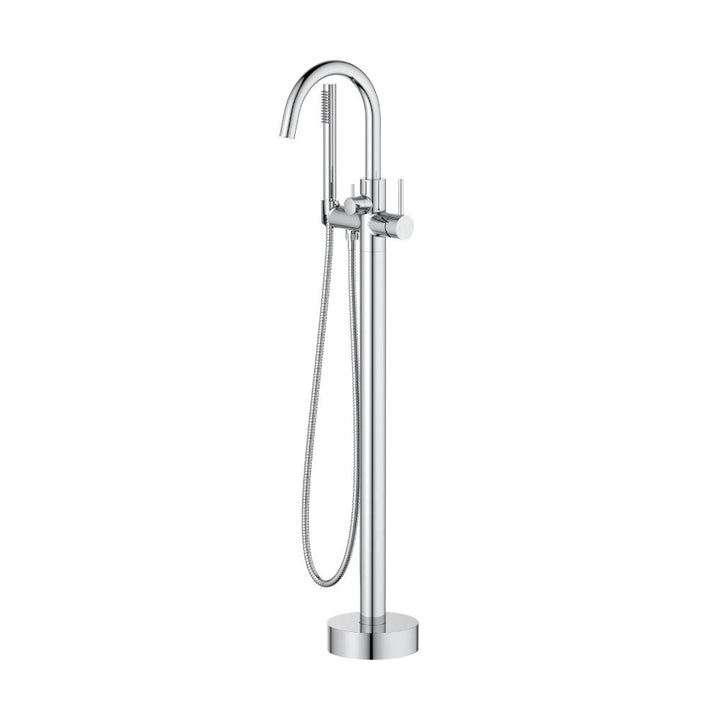The Halo Floor Mount Tub Filler With Hand Shower features a sleek curved spout, handheld attachment, and cylindrical base, all set against a clean white background.
