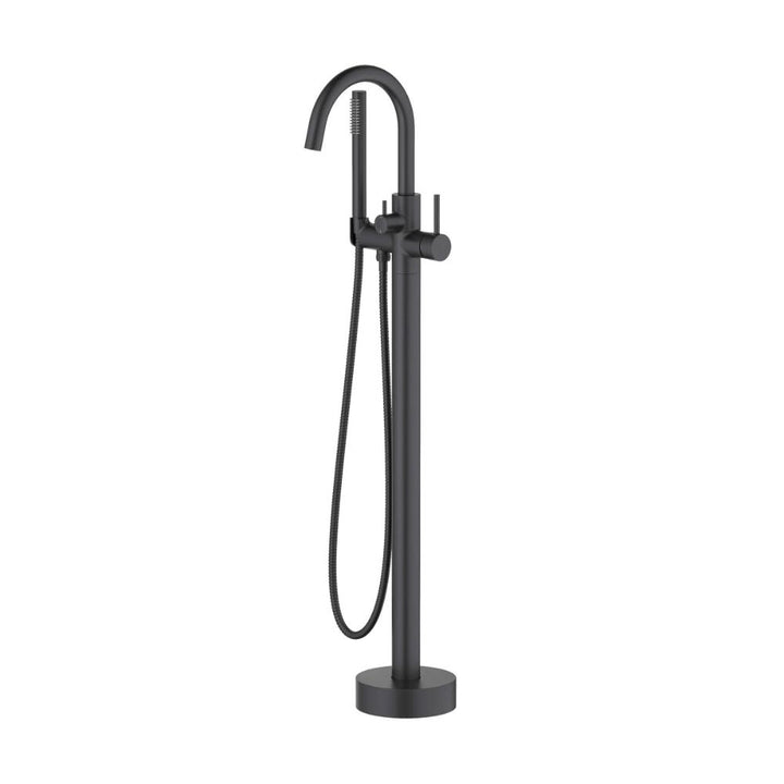 The Halo Floor Mount Tub Filler With Hand Shower is modern with a matte black finish, curved spout, cylindrical base, single lever handle, and an attached handheld shower hose.