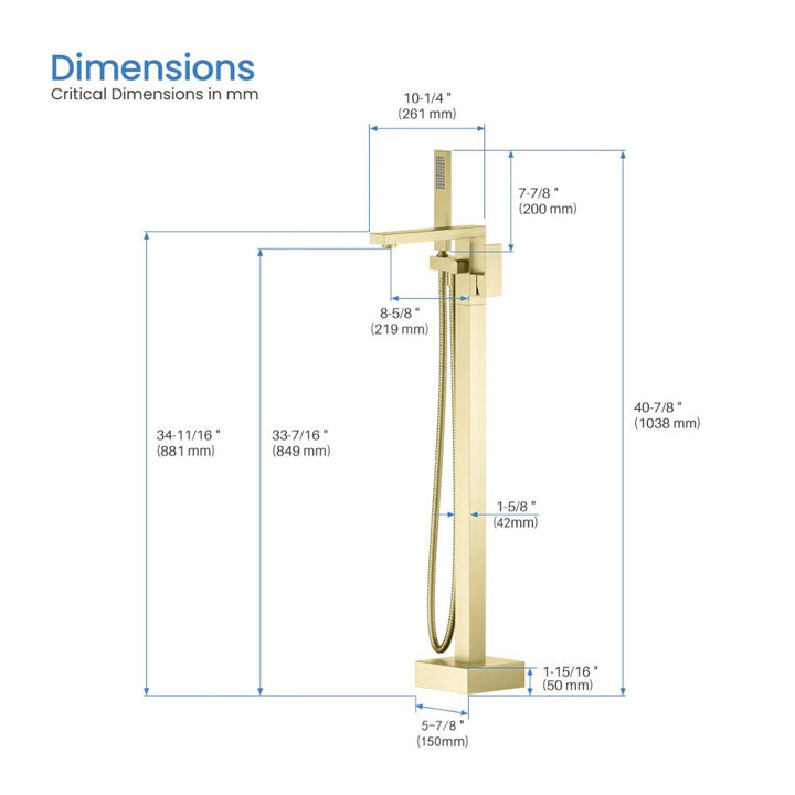 Diagram of the Quadra Floor Mount Tub Filler With Hand Shower in gold, showing measurements in inches and mm for height, width, and components. Largest height is 40-7/8" (1038 mm); base measures 5-7/8" (150 mm).