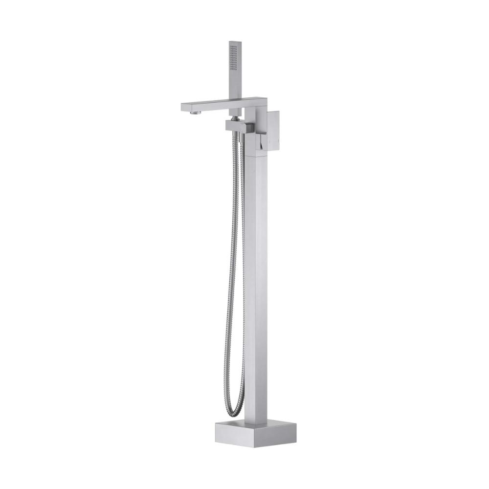 The Quadra Floor Mount Tub Filler With Hand Shower features a square base, tall rectangular spout, and flexible handheld showerhead with metal hose in a sleek silver finish and minimalist contemporary design.