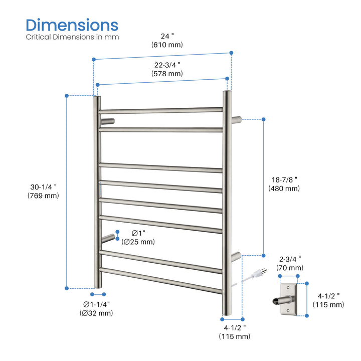 24" x 30-1/4" ETL Hardwired/Plug-In Wall-Mounted Stainless Steel Towel Warmer