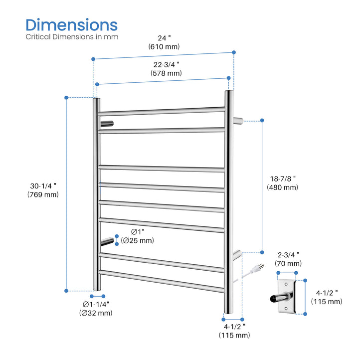 24" x 30-1/4" ETL Hardwired/Plug-In Wall-Mounted Stainless Steel Towel Warmer