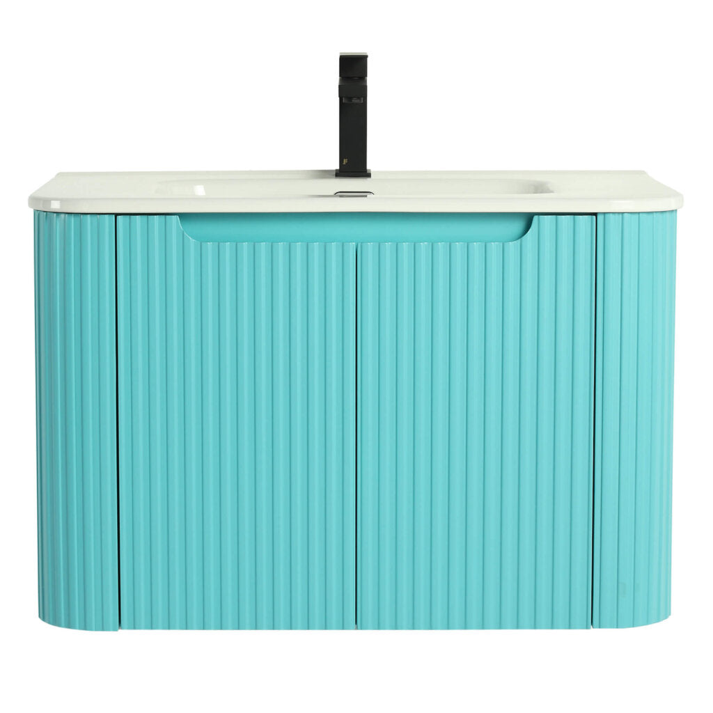 Presenting the Caskvalley 30 Inch Wall Mounted Bathroom Vanity With Sink, showcasing a modern light blue ribbed cabinet and sleek white countertop. Its black center faucet and two doors beneath the sink create a contemporary, streamlined design perfect for any bathroom.