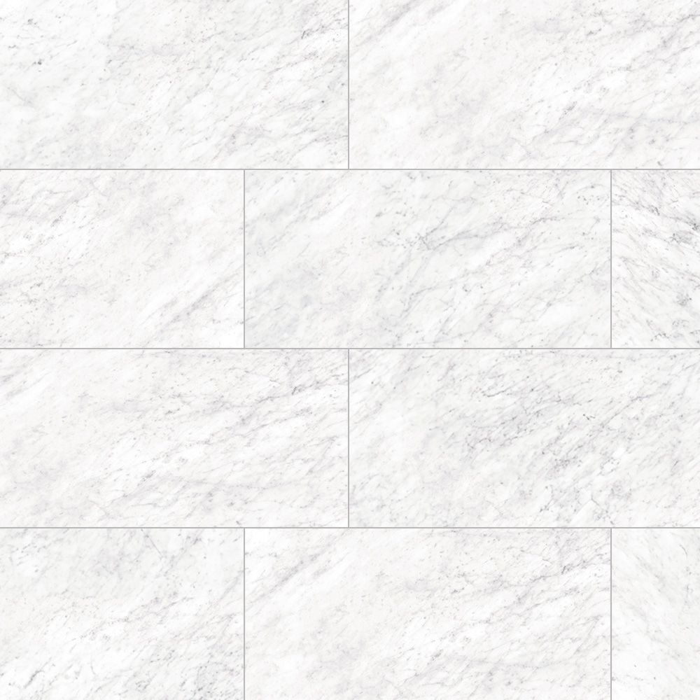 Bianco Carrara Porcelain Tiles are set in a staggered brick pattern, showcasing subtle gray veining and a polished finish, with defined grout lines between each rectangular tile for an elegant appearance.