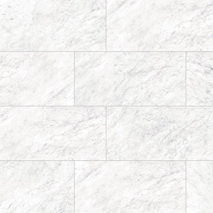 Bianco Carrara Porcelain Tiles are set in a staggered brick pattern, showcasing subtle gray veining and a polished finish, with defined grout lines between each rectangular tile for an elegant appearance.