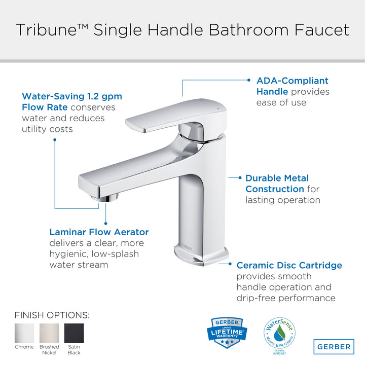 Tribune® Single Handle Bathroom Faucet with Metal Touch-Down Drain