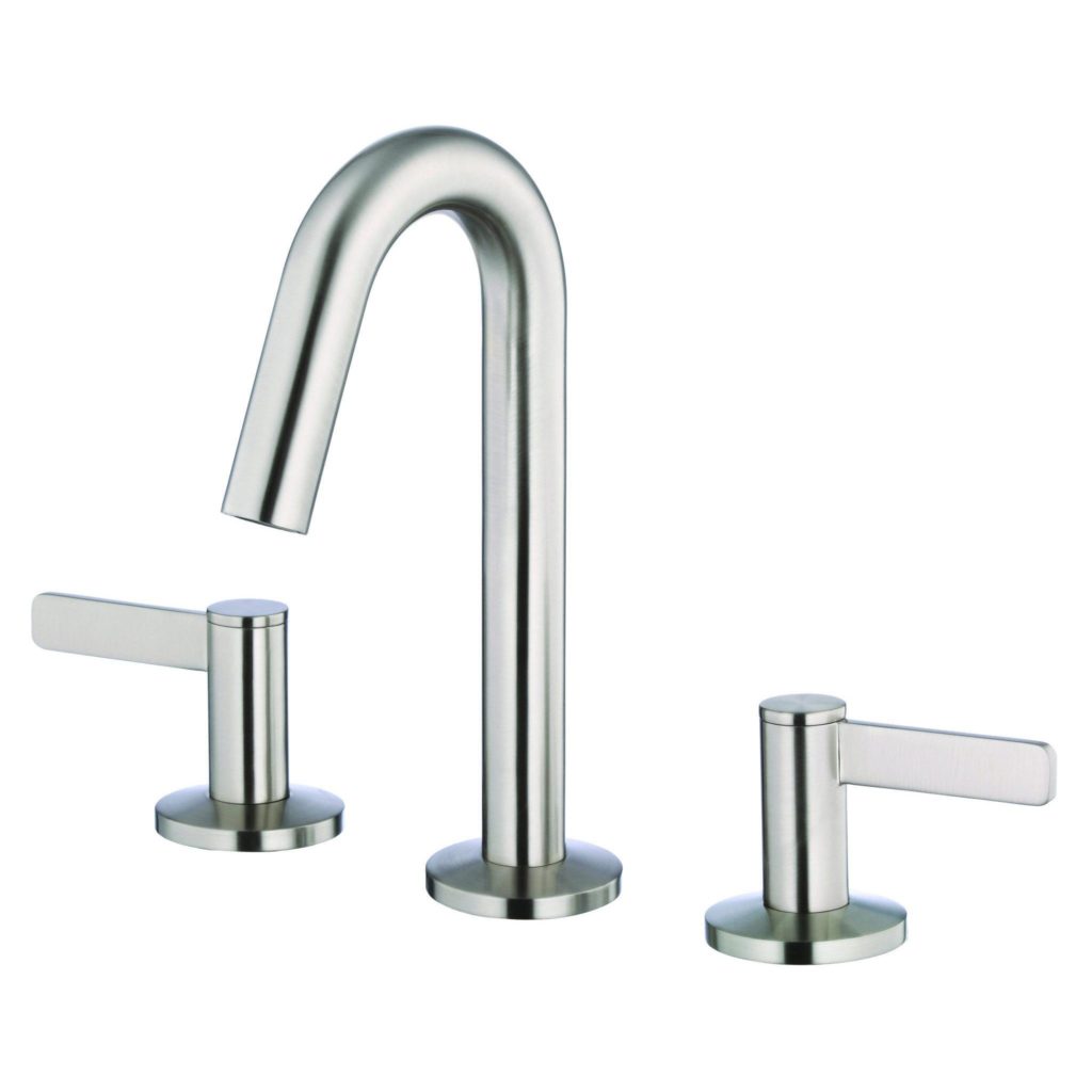 The Amalfi Two Handle Widespread Bathroom Faucet features a high-arched spout and two cylindrical handles on round bases, offering a sleek, modern stainless steel design for contemporary bathrooms.
