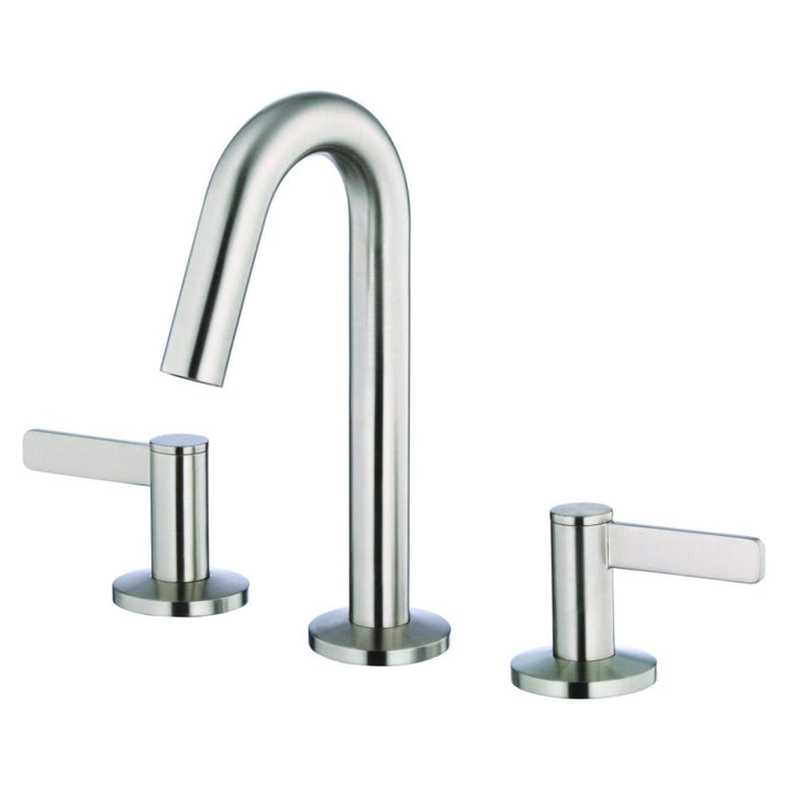 The Amalfi Two Handle Widespread Bathroom Faucet features a high-arched spout and two cylindrical handles on round bases, offering a sleek, modern stainless steel design for contemporary bathrooms.